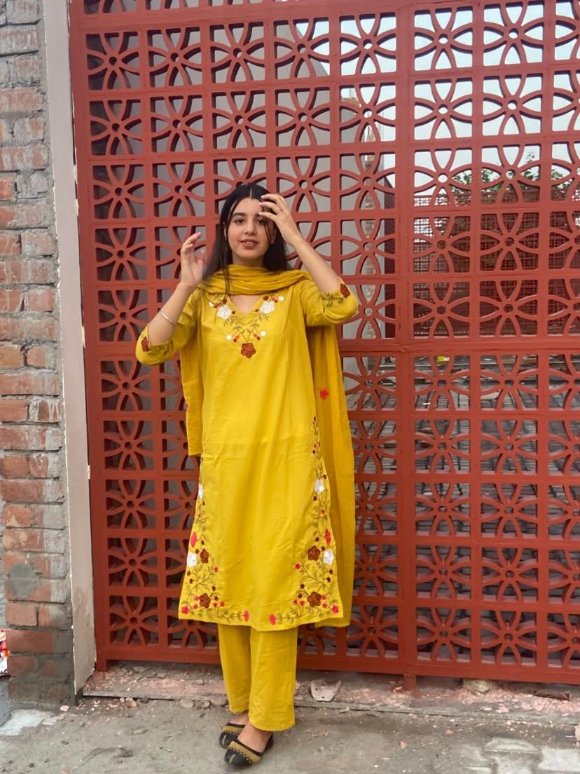 Mustard Yellow Floral Embroidered Kurta Set with Dupatta cotton